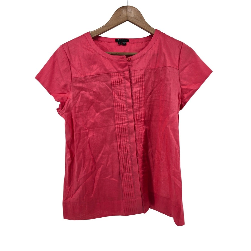 Theory Blouse Womens L Pink Pintuck Pleated Short Sleeve Cotton Button Front